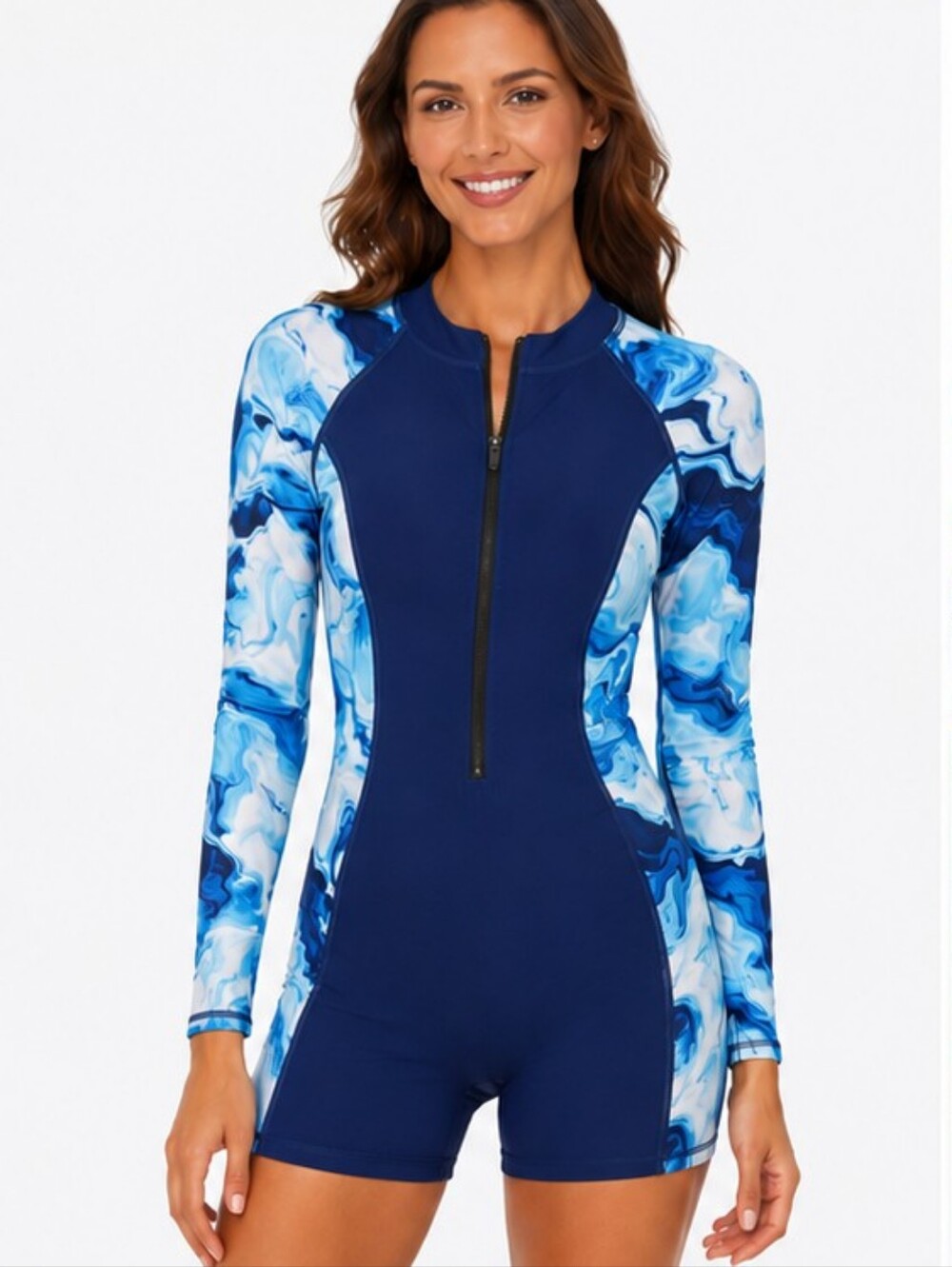 HALCURT RASH GUARD SWIM ROMPER Marble Navy Blue Long-Sleeve Zipper Front MED NWT